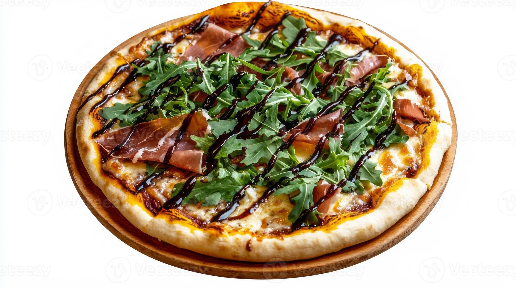 Gourmet pizza with arugula, prosciutto, and balsamic glaze for culinary inspiration photo