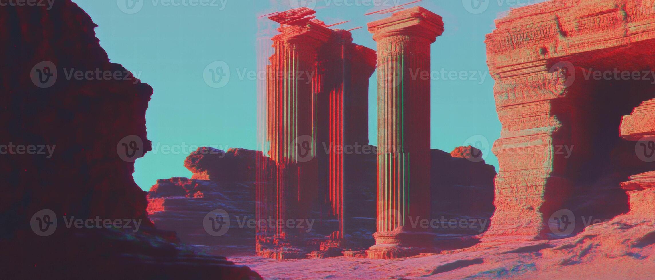 Distorted structures with vibrant glitch effects in a surreal landscape photo