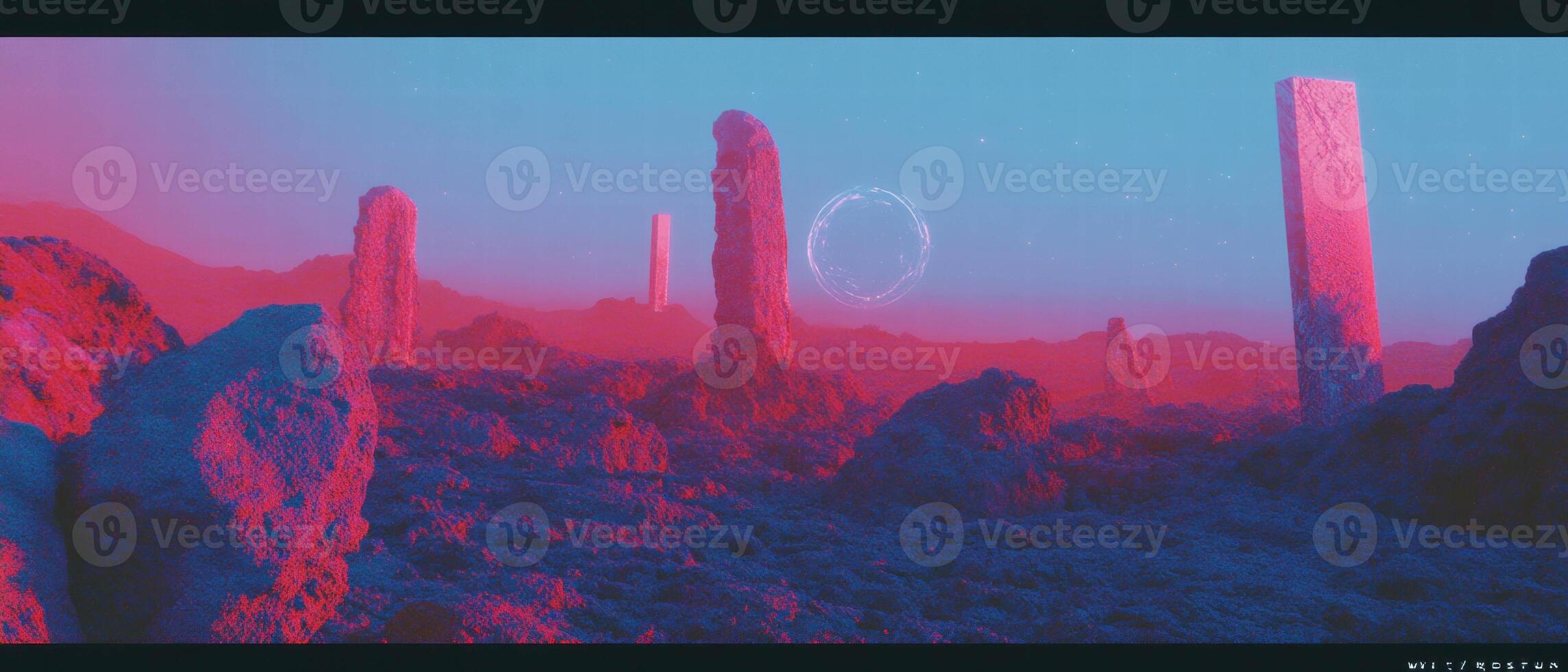 Exploration of a vibrant alien landscape filled with strange plants and towering rock formations photo