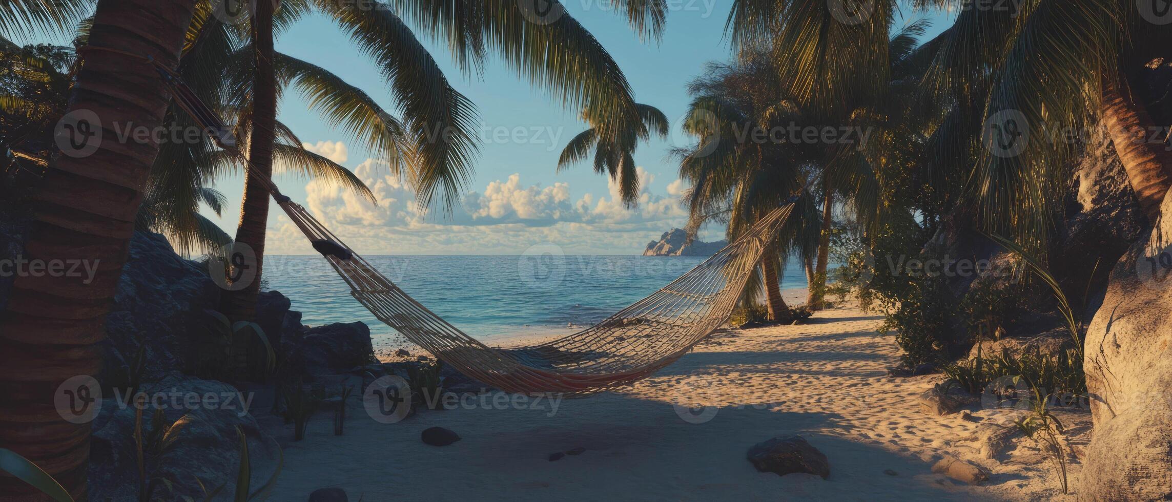 Relaxing in a tropical hammock surrounded by palms with ocean view and gentle breeze photo