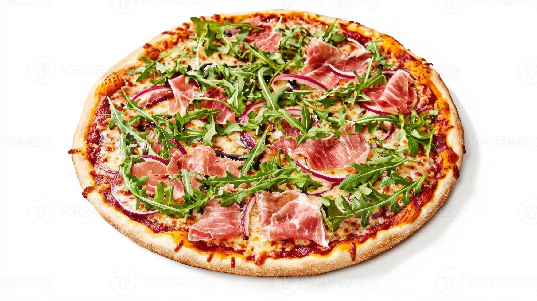 Gourmet pizza with prosciutto, red onion, arugula, and balsamic glaze photo
