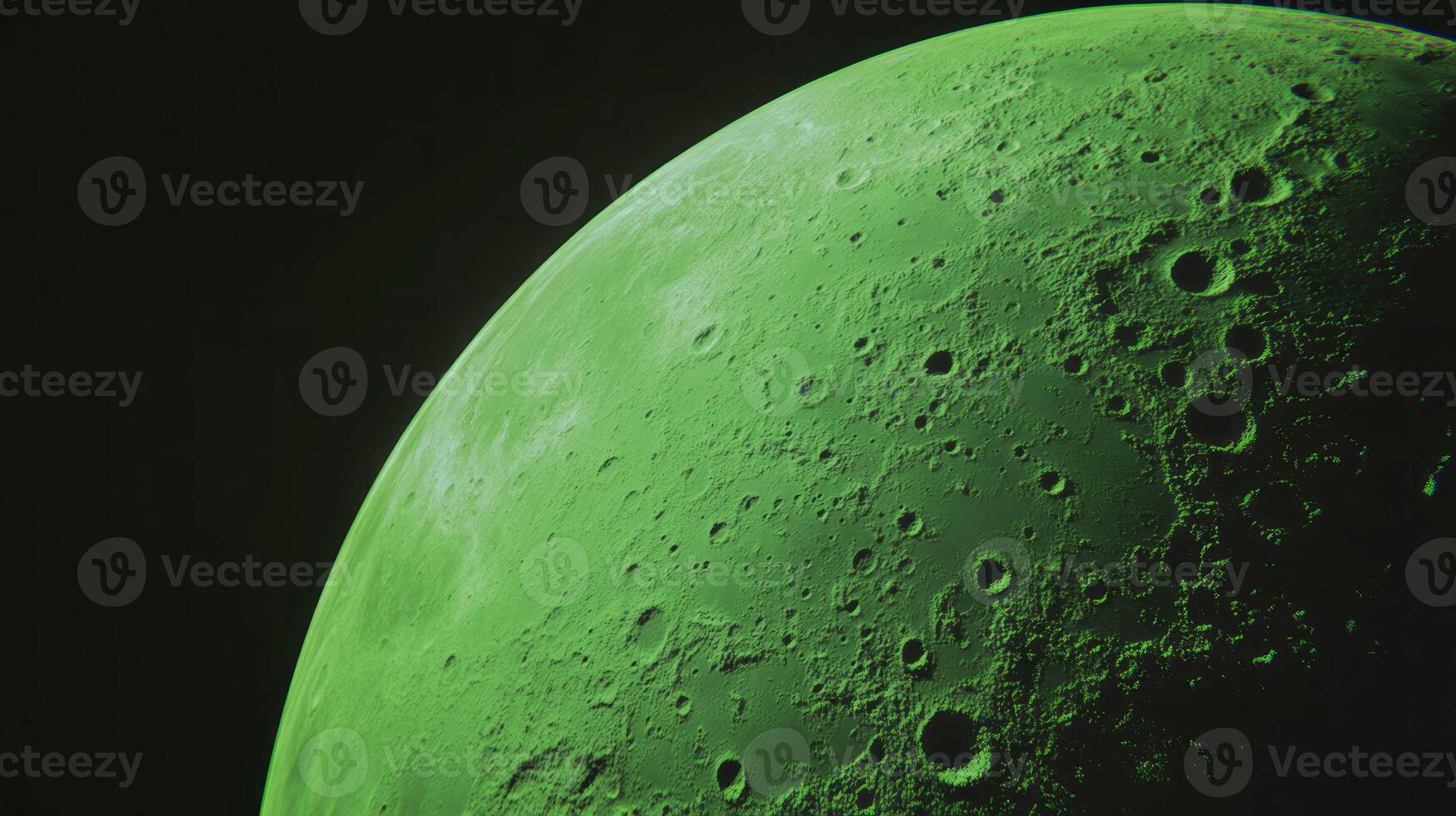 Enigmatic green moon surface with cratered texture in chaotic style photo