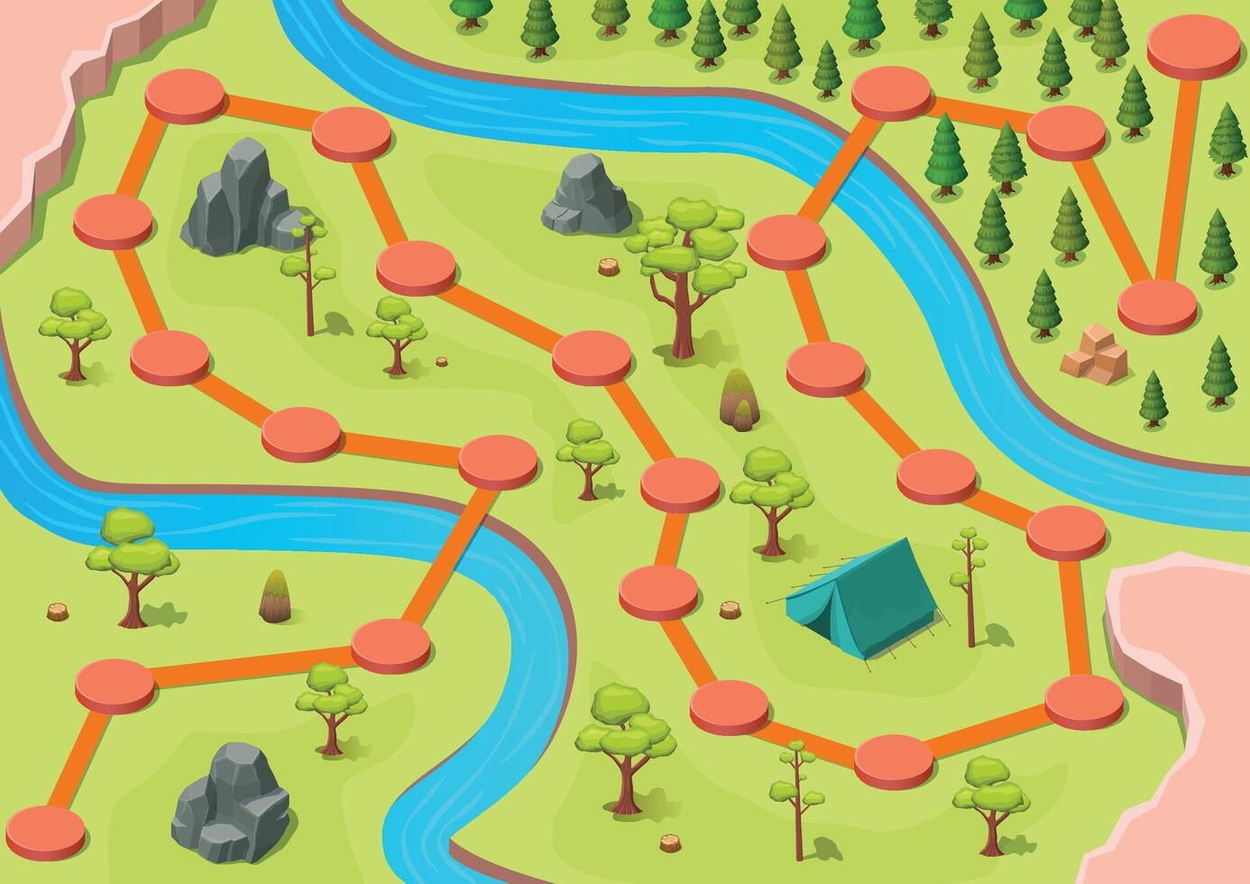 Forest Game Map with stage routes and Green Land vector