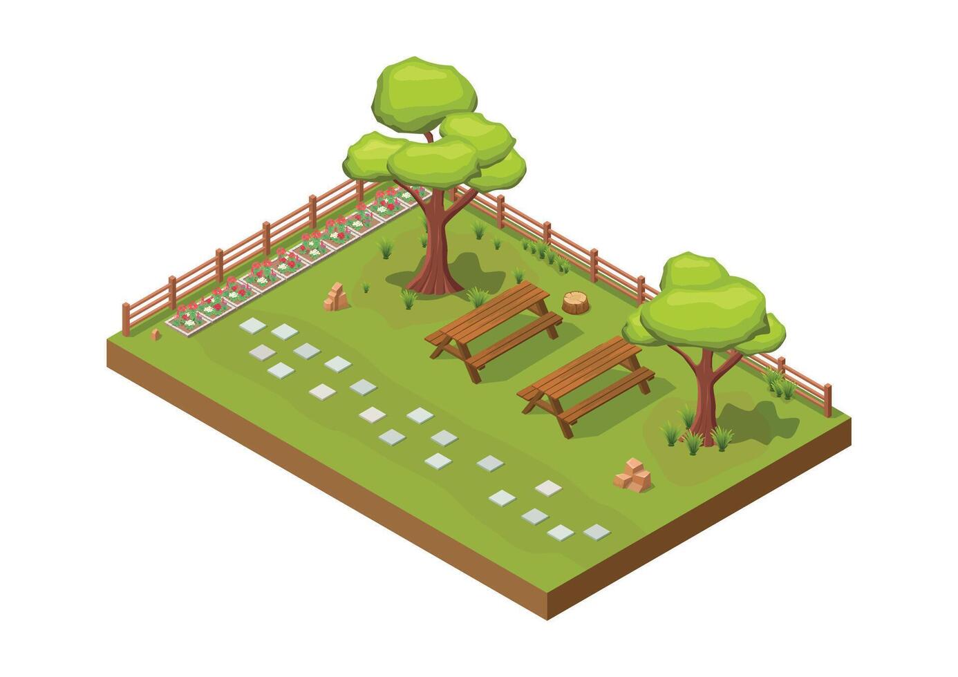 isometric beautiful garden with flowers vector