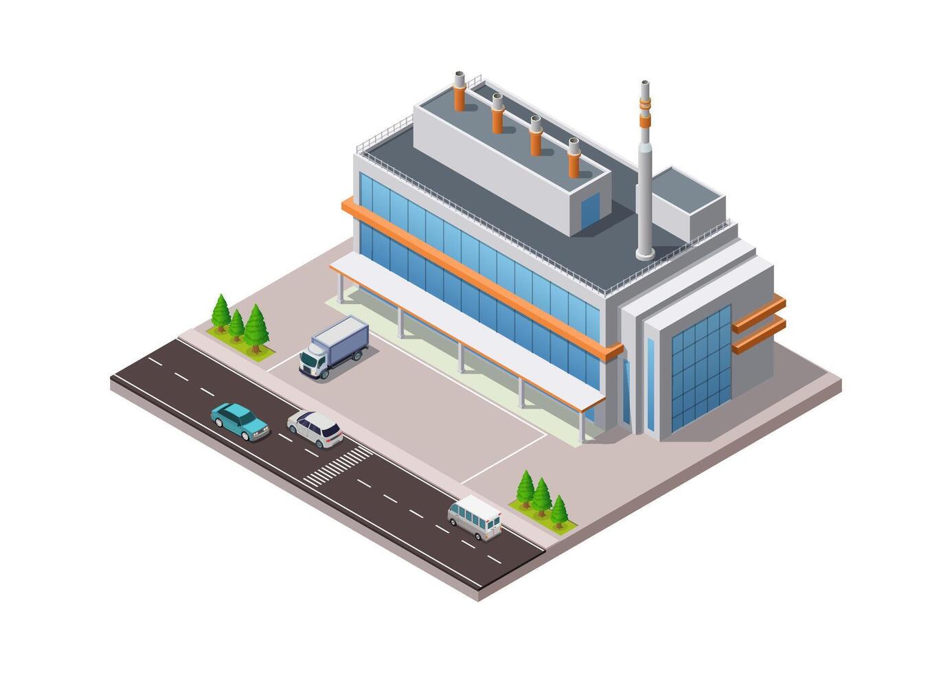 Isometric industrial building with chimney and truck vector