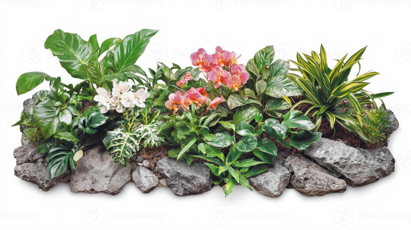Vibrant orchid garden display with lush greenery and natural stones photo