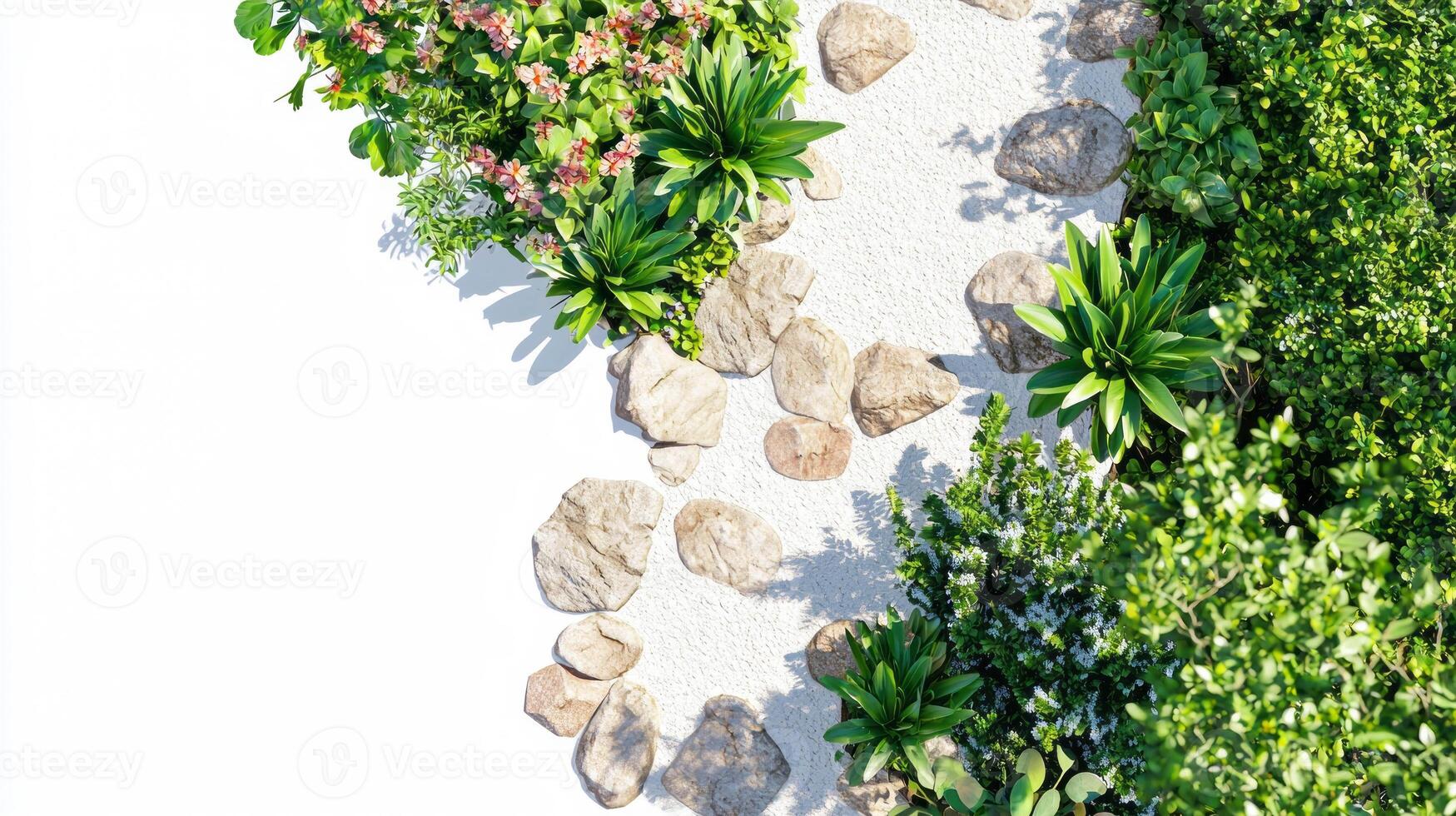 Lush garden path with realistic orchids and stone walkway photo