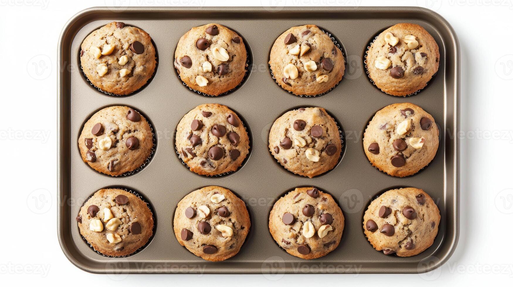 Delicious whole wheat muffins with chocolate chips and nuts in baking tray photo