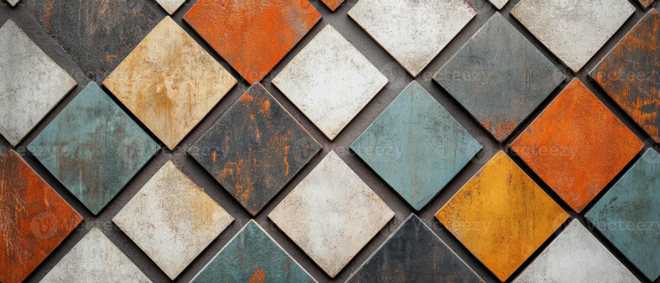 Unique geometric tile patterns in an artistic arrangement showcasing vibrant colors photo