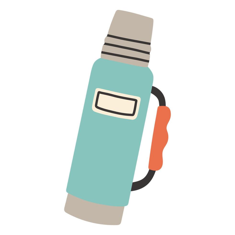 Simple camping blue thermos. Outdoor camp thermos bottle isolated flat design for hot drinks and soup vector