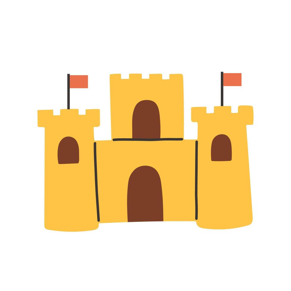 illustration of a simple sandcastle with three towers, arched brown doors, and small red flags. Flat in warm yellow tones with clean, minimalistic lines. vector