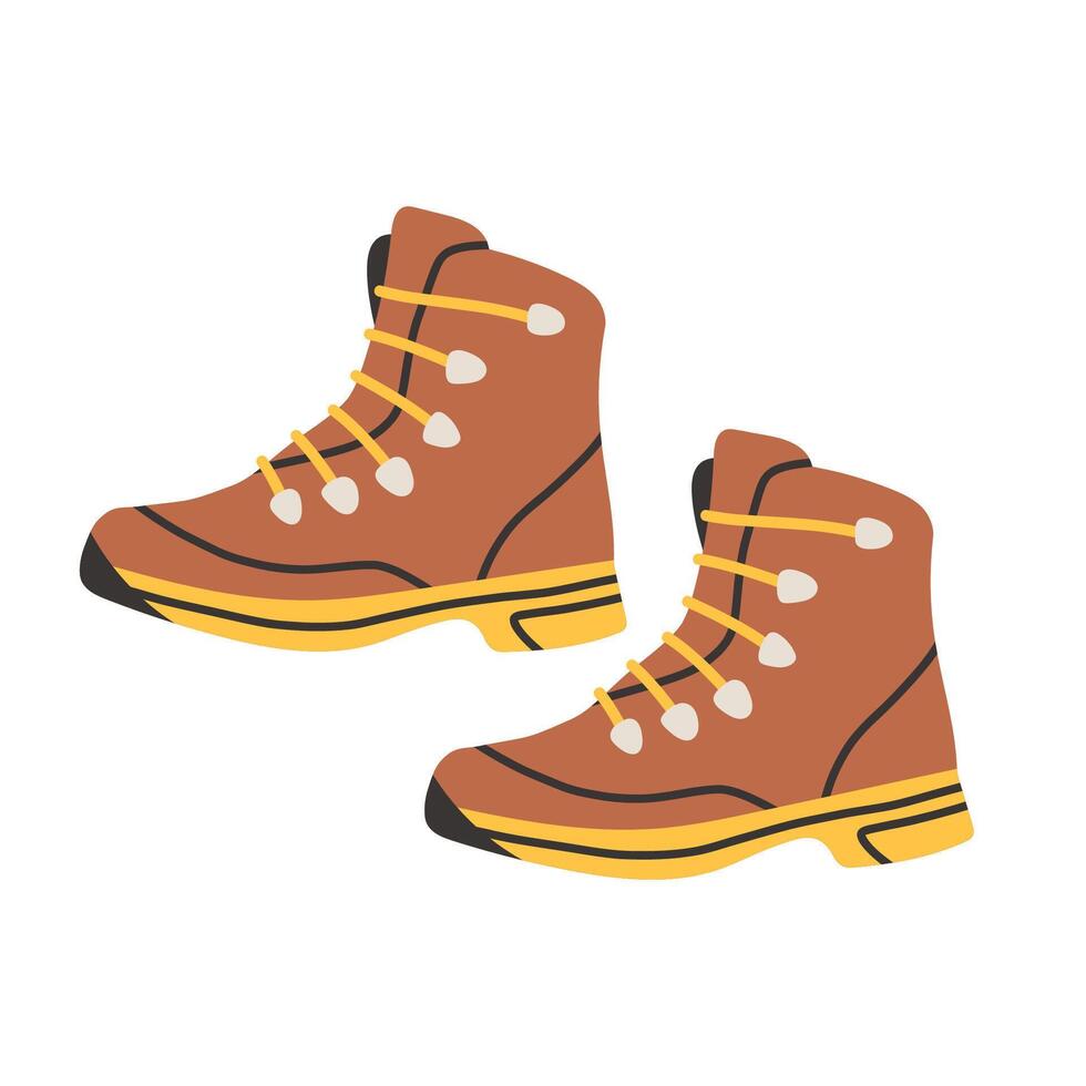 Simple hiking boots. Hand drawn illustration of yellow and brown travel shoes for tourism and camping. Flat drawing of footwear for journey and exploration. vector