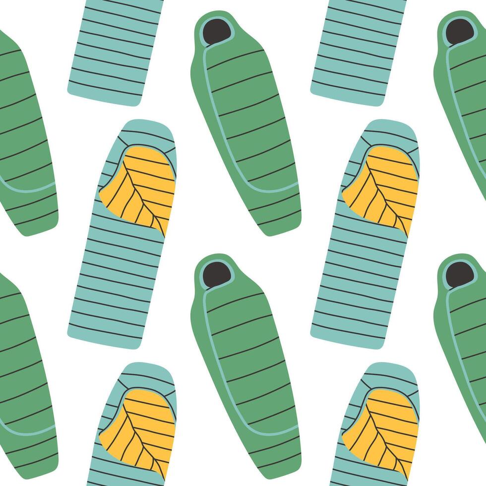 Sleeping bag seamless pattern on white background. Summer camp pattern design in hand drawn flat style for scrapbooking, textile, wrapping, banner vector