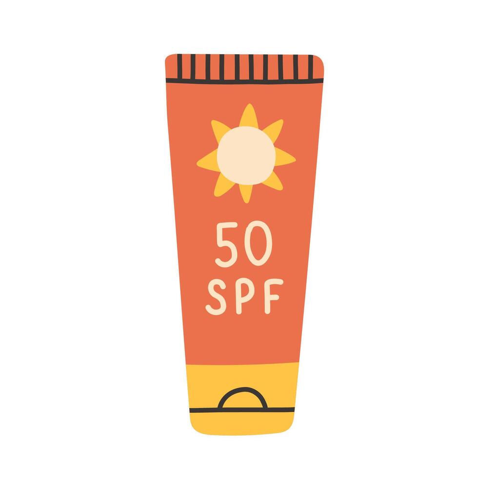 Sunscreen tube SPF 50, bold and colorful style illustration for skincare, summer protection, and health related visuals. vector