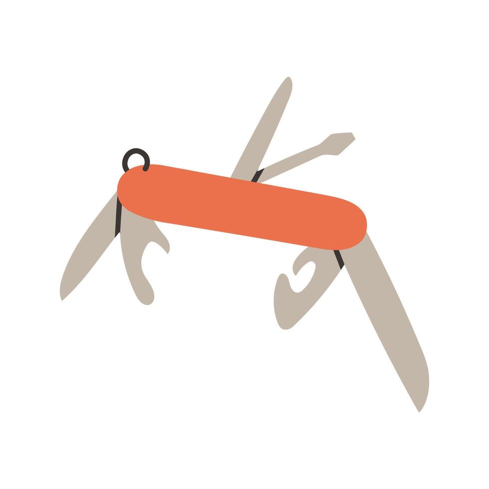 Simple red camping multitool. Multi purpose pocket knife in flat style for outdoor camping equipment. Multi function tool hover concept. Modern one line draw design graphic illustration vector