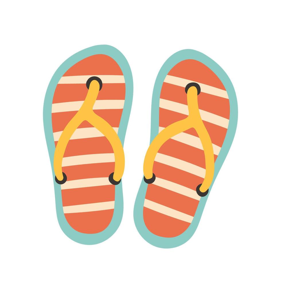 Flip flops, summer slippers in red, yellow and blue color, striped. View above, top view. Flat design isolated illustration on white background. vector
