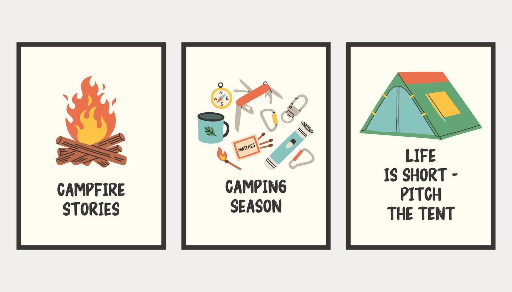 Vertical simple camping poster set. Summer outdoor activity brochure with hiking and camping logo, nature recreation concept. Flyer banner for forest adventure, summer travel camp illustration. vector