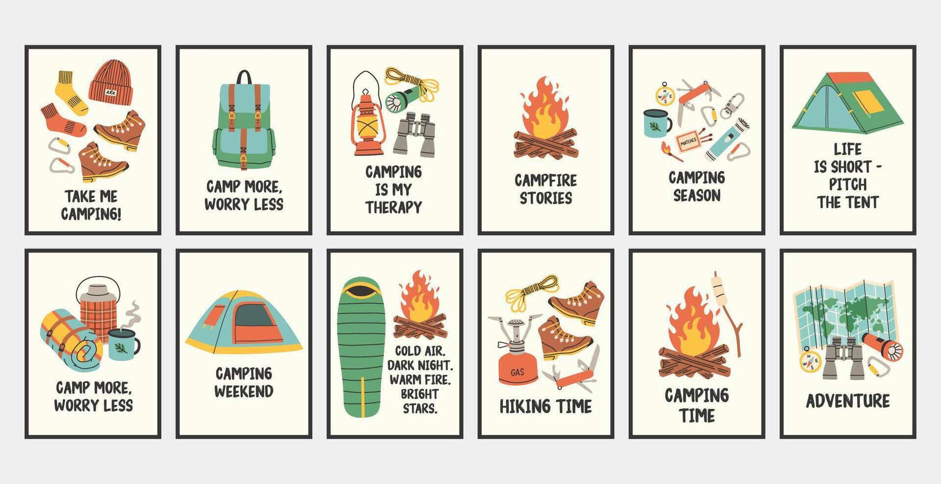 Vertical simple camping poster big set. Summer outdoor activity brochure with hiking and camping logo, nature recreation concept. Flyer banner for forest adventure, summer travel camp illustration. vector
