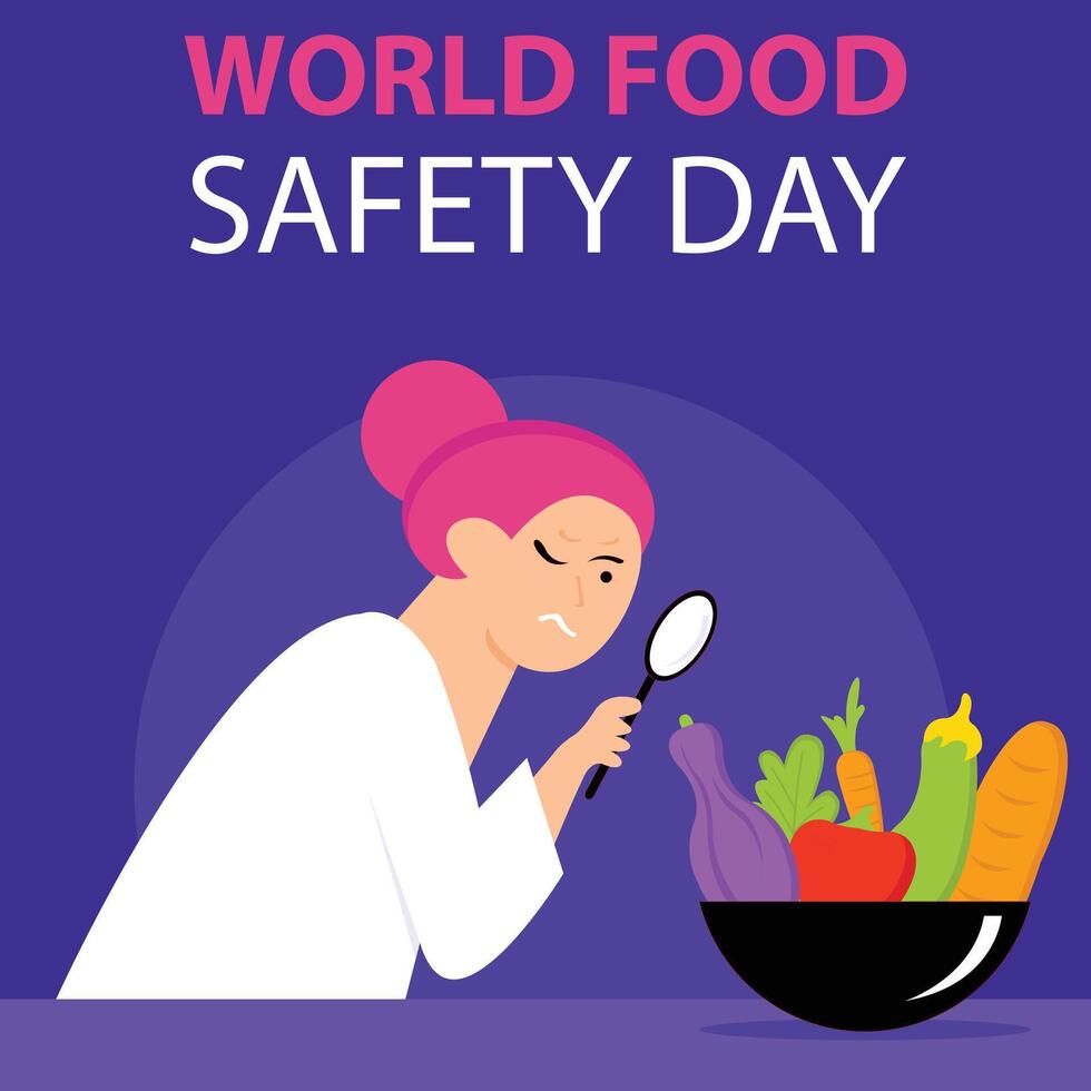illustration graphic of a woman is observing food ingredients using a magnifying glass, perfect for international day, world food safety day, celebrate, greeting card, etc. vector