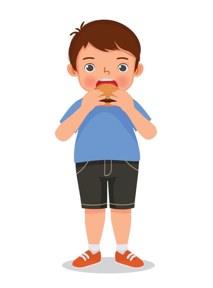 fat obese little boy feel hungry eating hamburger junk food vector
