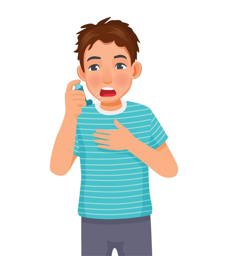 Young man using asthma inhaler nasal spray bottle to treat allergy asthma attack and breathing treatment vector