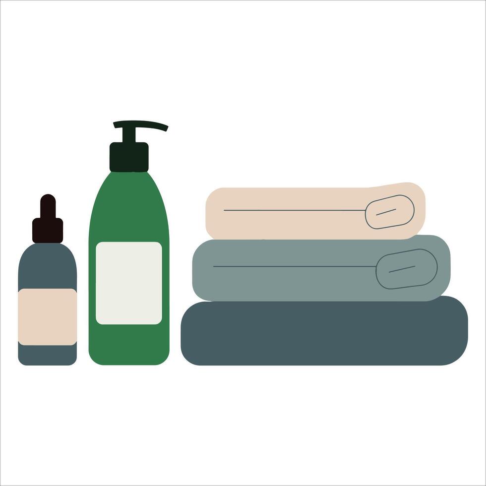Bathroom essentials bundle, soft terry towels paired with shampoo, conditioner and body wash. Perfect for hotel amenities or home hygiene. Clean, fresh concept in isolated illustration. vector