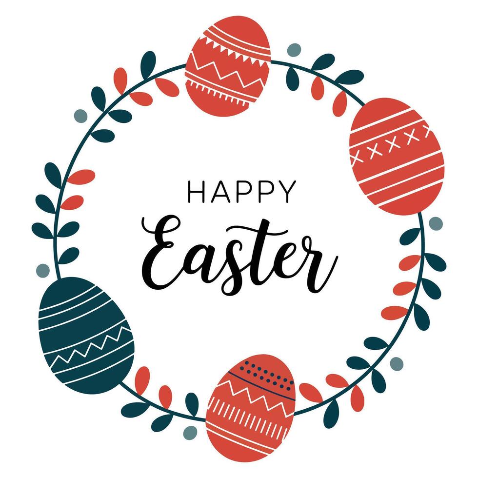Happy Easter eggs in a round frame with a contour wreath of holiday elements. Doodle style illustration ideal for greeting cards, children posters, and spring decor. vector