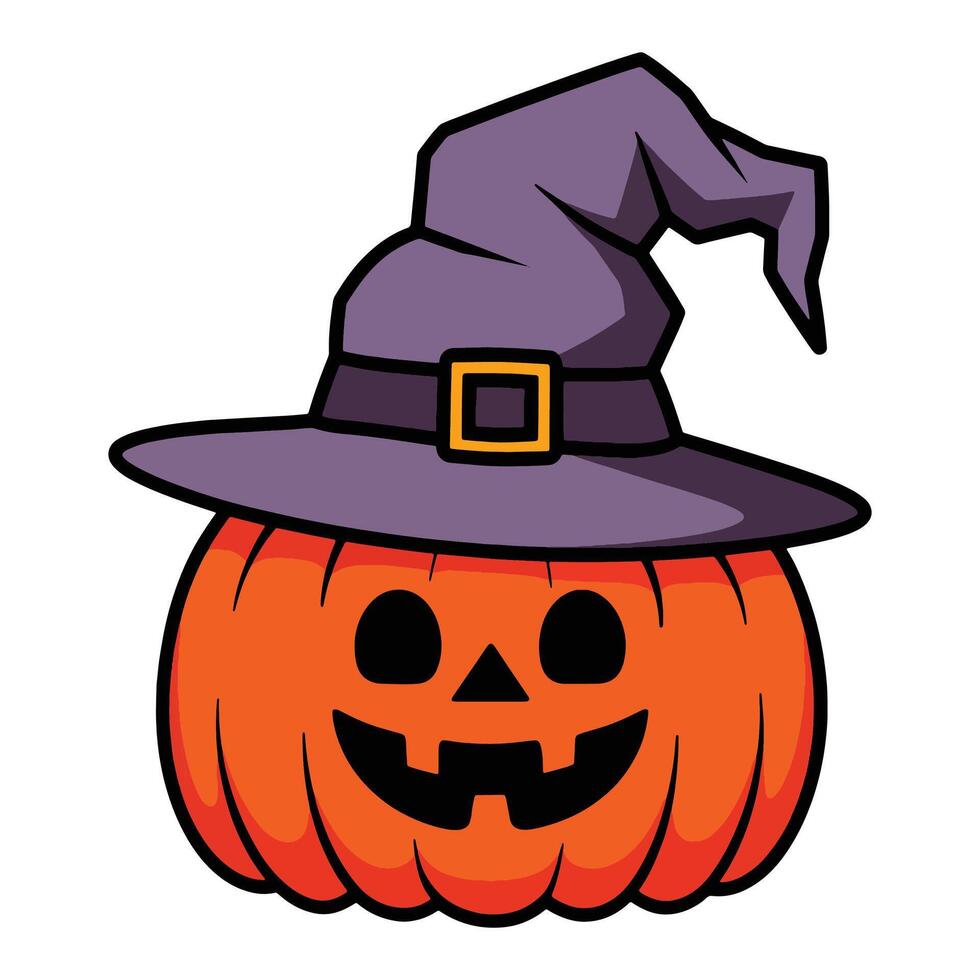 Smiling pumpkin in a witch hat, a cute Halloween character. illustration Magic, enchantment, and witchcraft themed, perfect for festive events, trick or treat visuals, and seasonal designs. vector