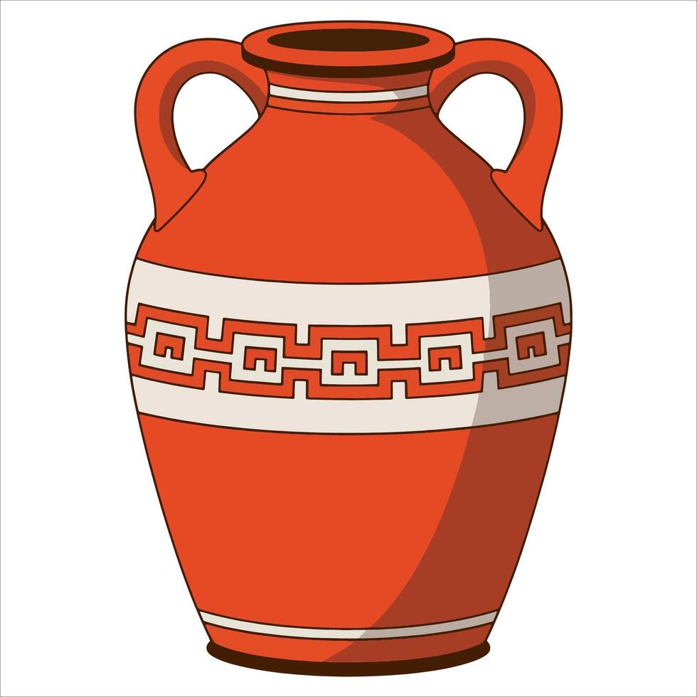 Ancient Greek jug in cartoon historical style.Ceramic vase with Greek key pattern and Mediterranean motifs. Clay amphora for archaeological or interior decoration themes. Flat illustration. vector