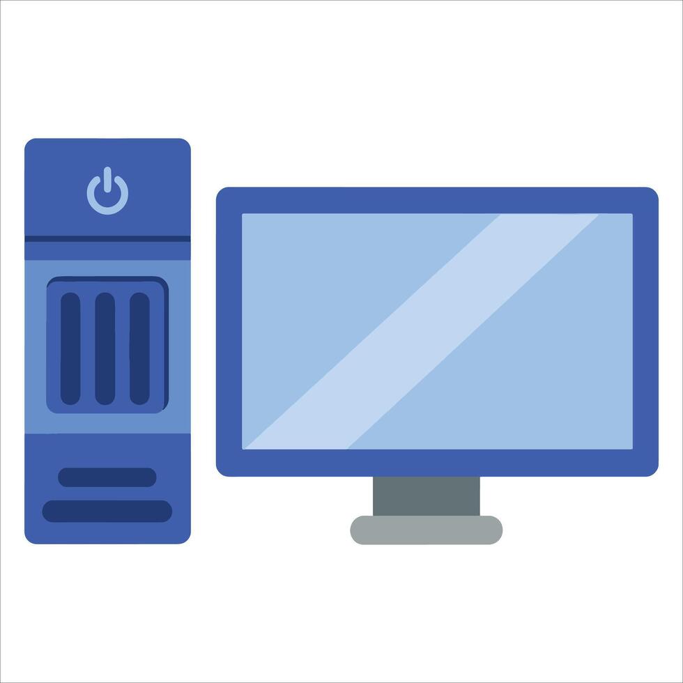 Desktop computer and monitor for work or gaming.IT equipment with display screen and power button. Office and technology tool in flat style isolated illustration. vector