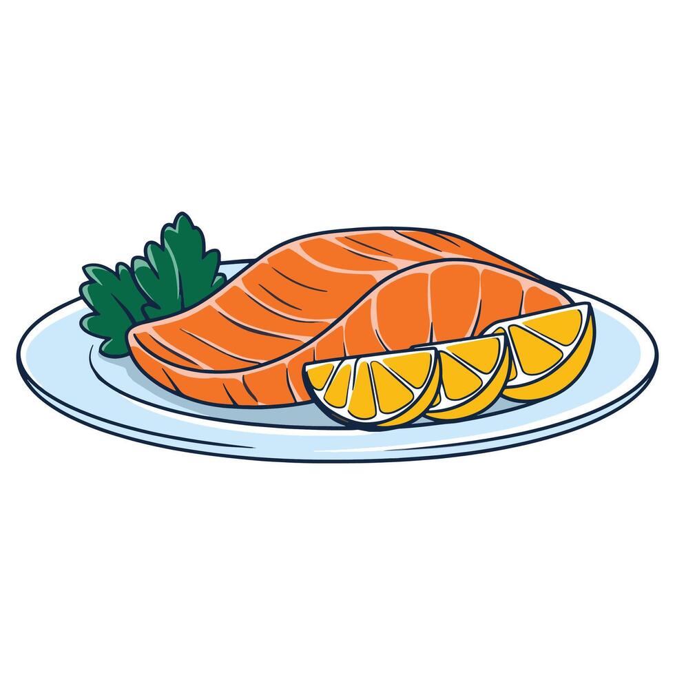 Tasty salmon fish served with lemon slices and fresh lettuce on a plate. Flat icon perfect for festive meals, seafood dishes and restaurant themed visuals. vector