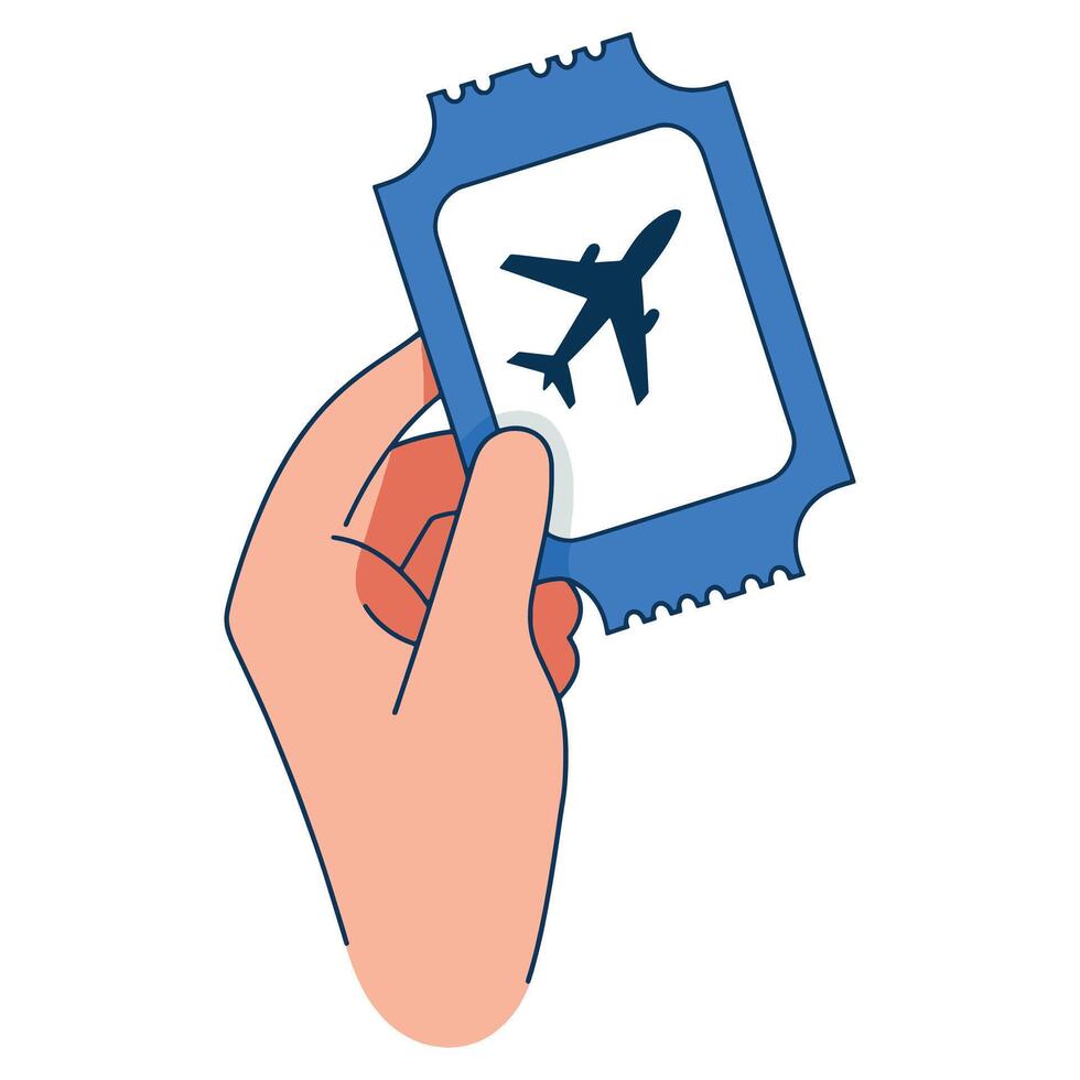 Light skinned hand holding a flight ticket. illustration representing air travel, passenger trips, vacation or business journeys, and flying transport themes. vector