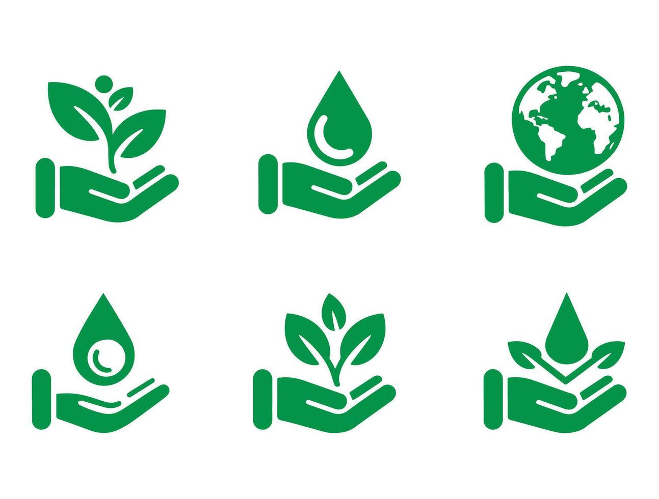 Set of ecology icons with hands holding a plant, leaf, water drop, and Earth. Eco friendly symbols in a design. vector