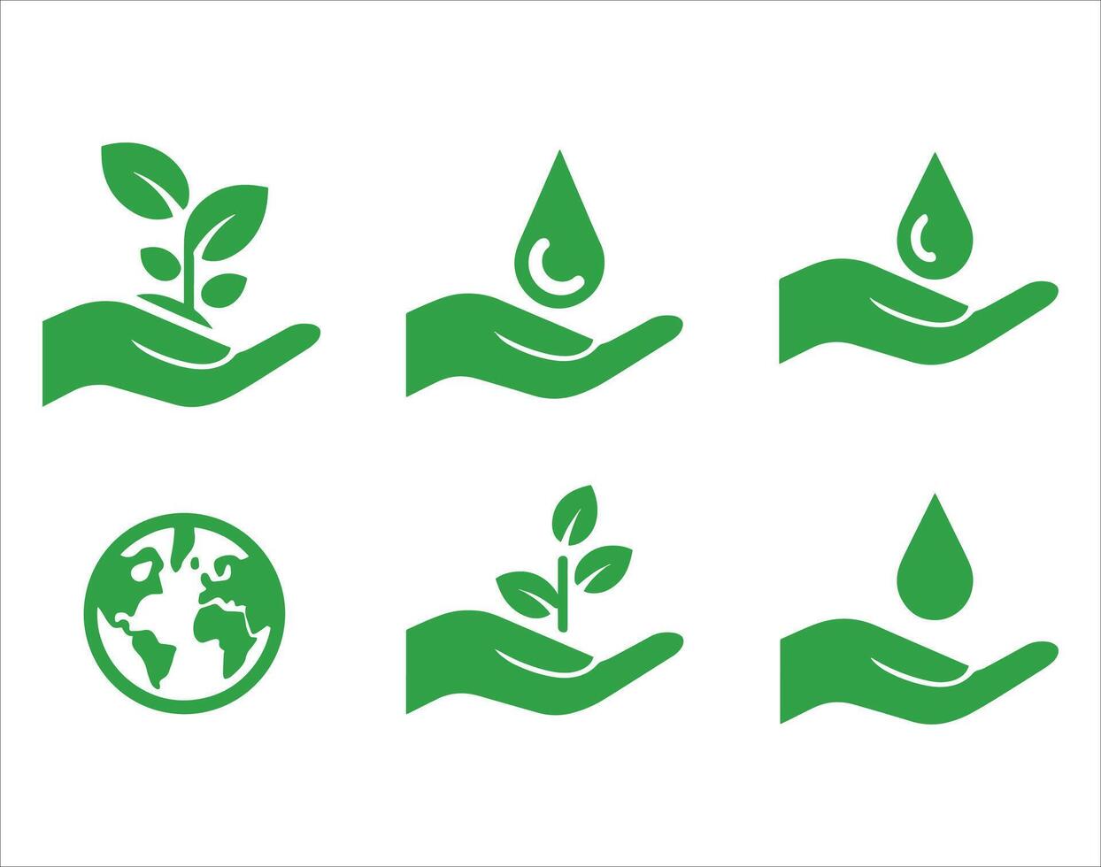Set of green ecology icons representing eco friendly practices, conservation, renewable energy. Ideal for environmental awareness and clean energy themes. vector