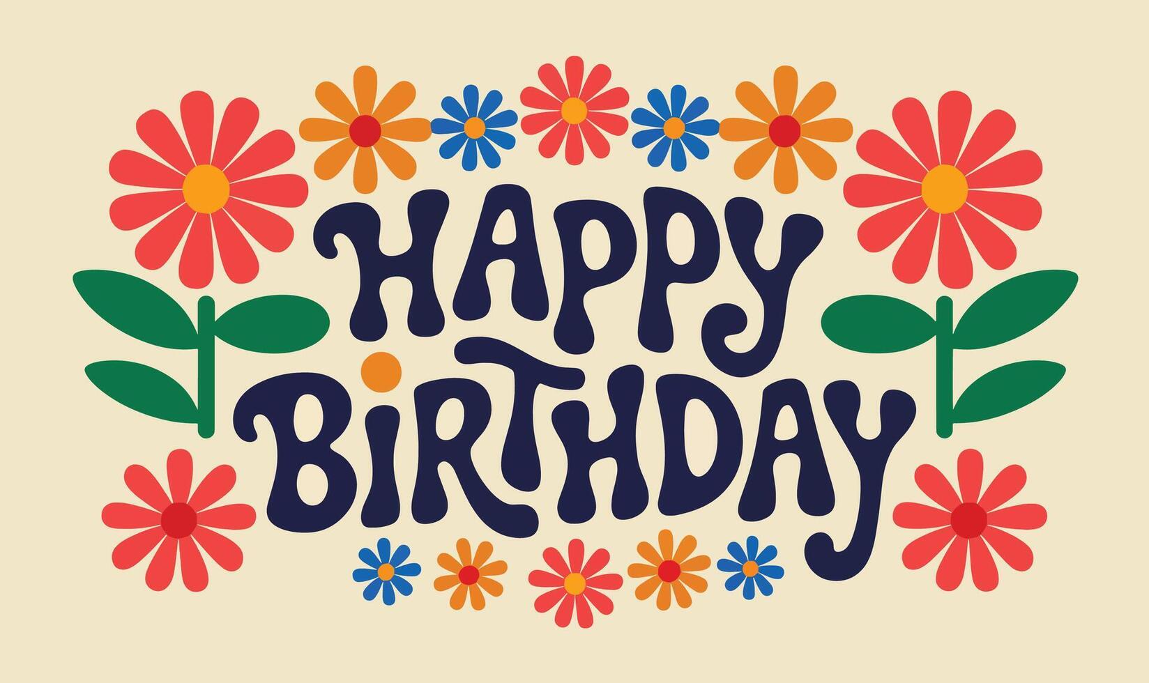 Happy Birthday quote in retro groovy lettering. Flat illustration in 1970s style, perfect for celebration themed designs, greeting cards, and cheerful vintage visuals. vector