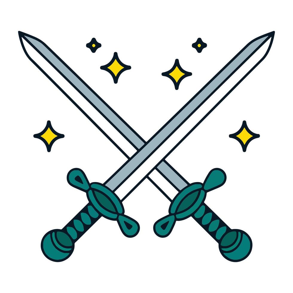 Crossed swords with stars in a flat illustration. Mystical fantasy clipart ideal for magical, heroic, or adventure themed designs and decorative artwork. vector