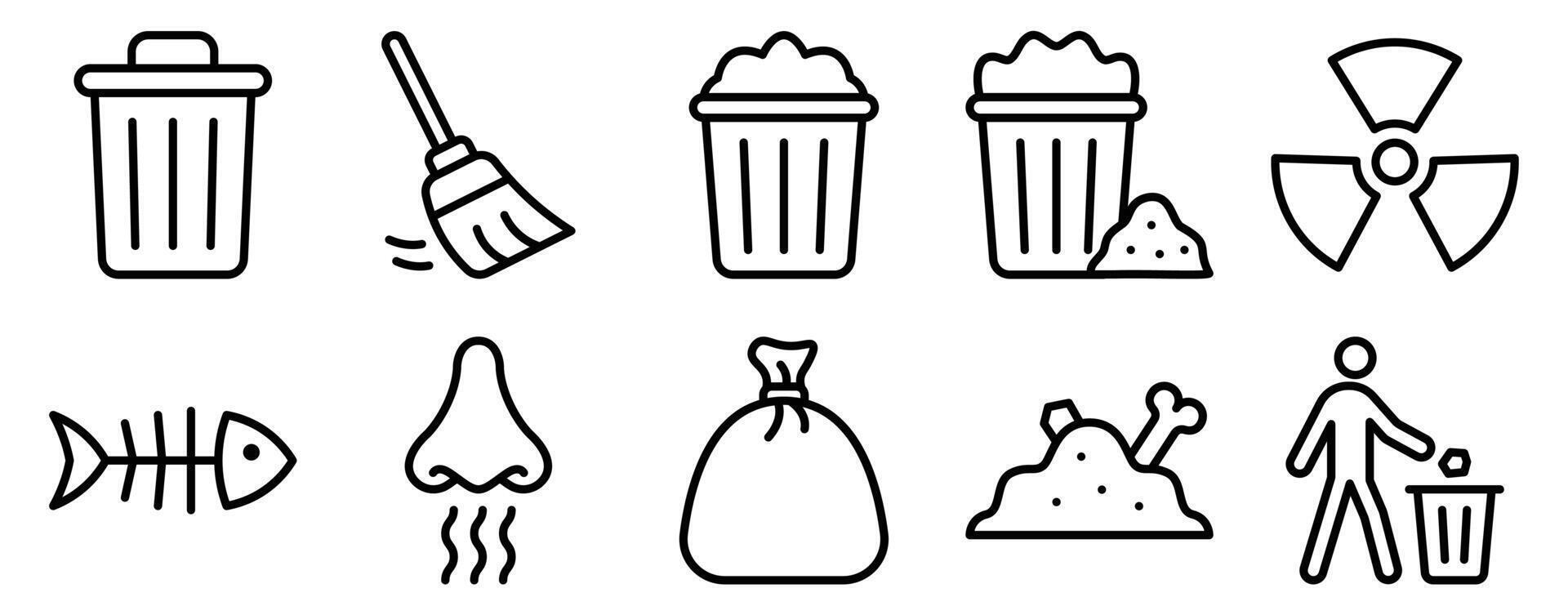 Trash Icon Set Line Style Collection representing waste disposal and cleanup actions suitable for user interface design environmental apps and maintenance services vector