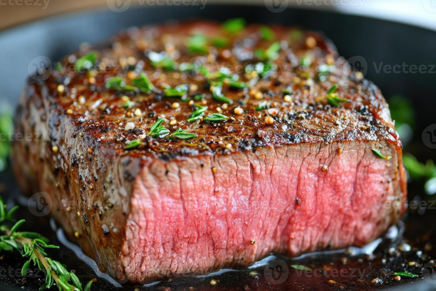 Perfectly Searred Tender Beef Filet Mignon Served On A Cast Iron Skillet With Rosemary photo