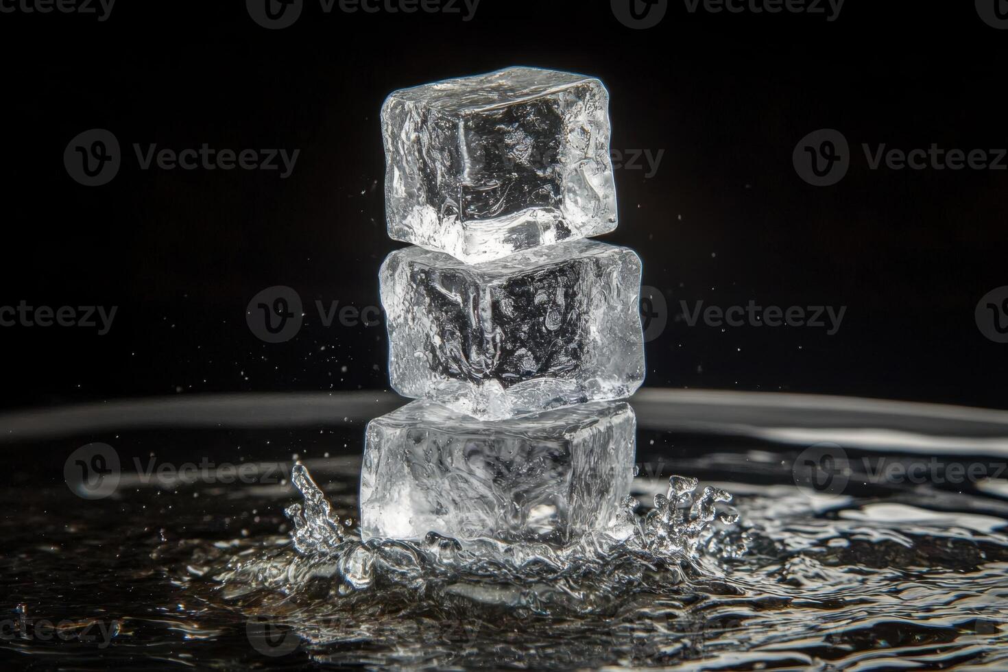 Three Ice Cubes Stacked On Top Of Each Other Water Splash Black Background photo