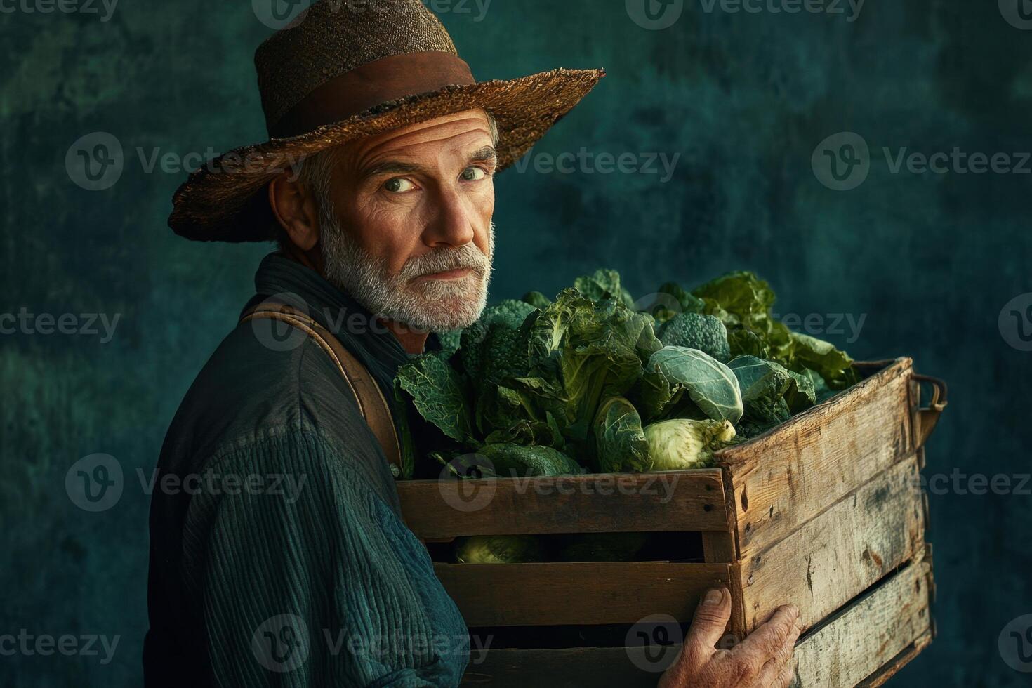 An older man holding a crate of vegetables photo