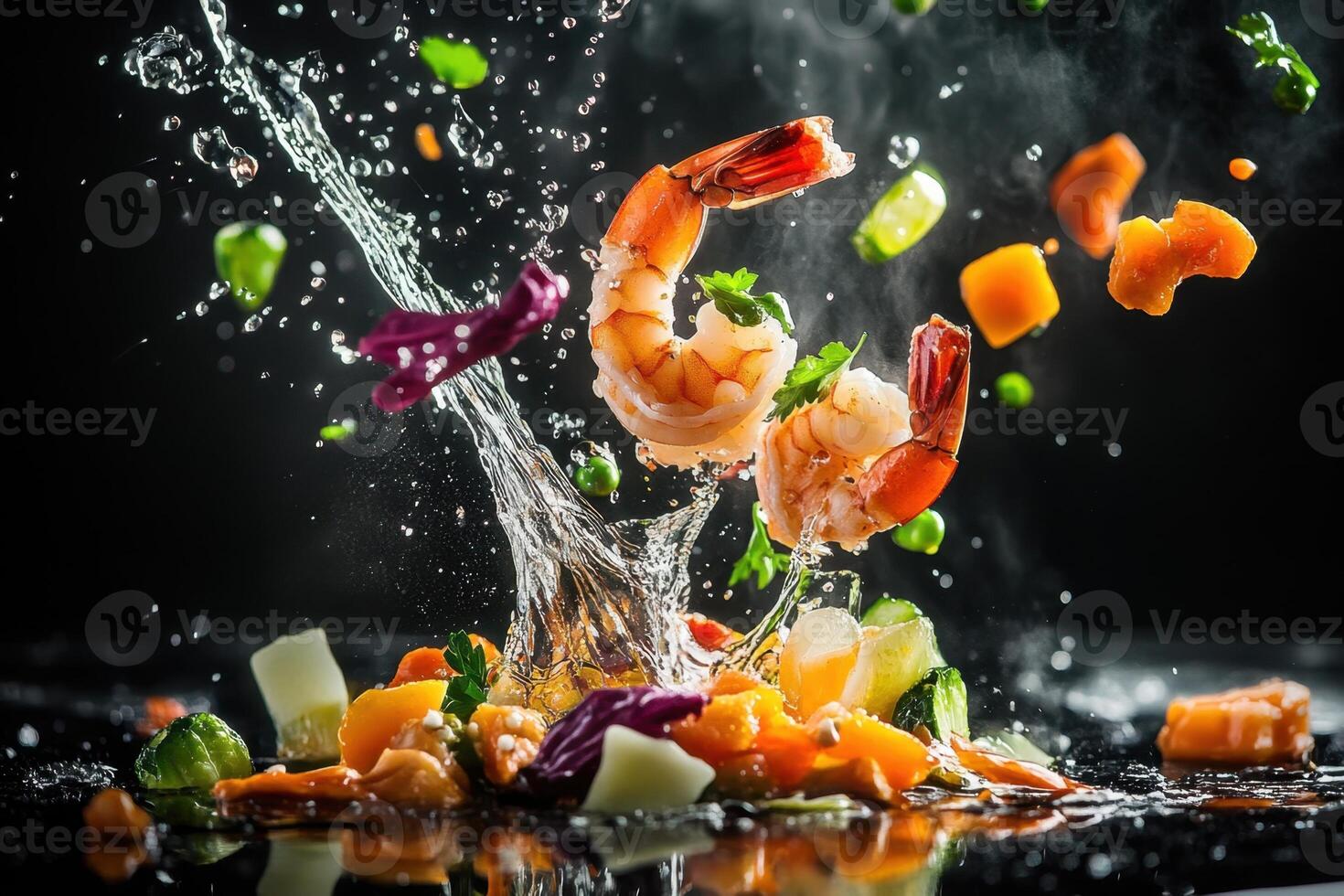 Shrimp and vegetables being splashed with water photo
