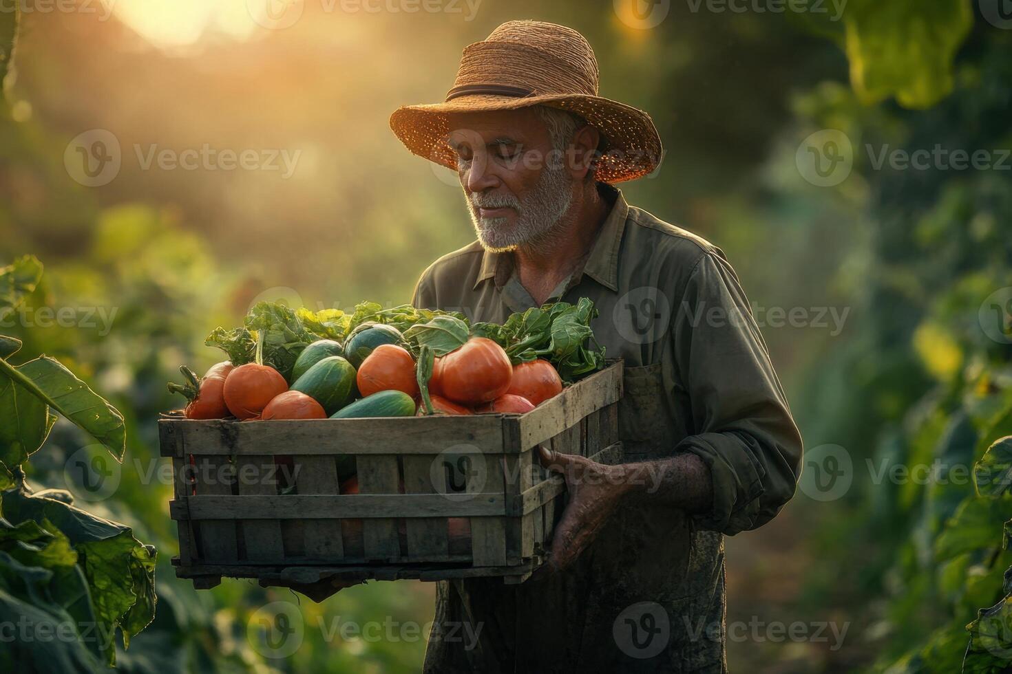 The Harvest Season a Portrait of a Farmer Carrying a Crate of Vegetables photo