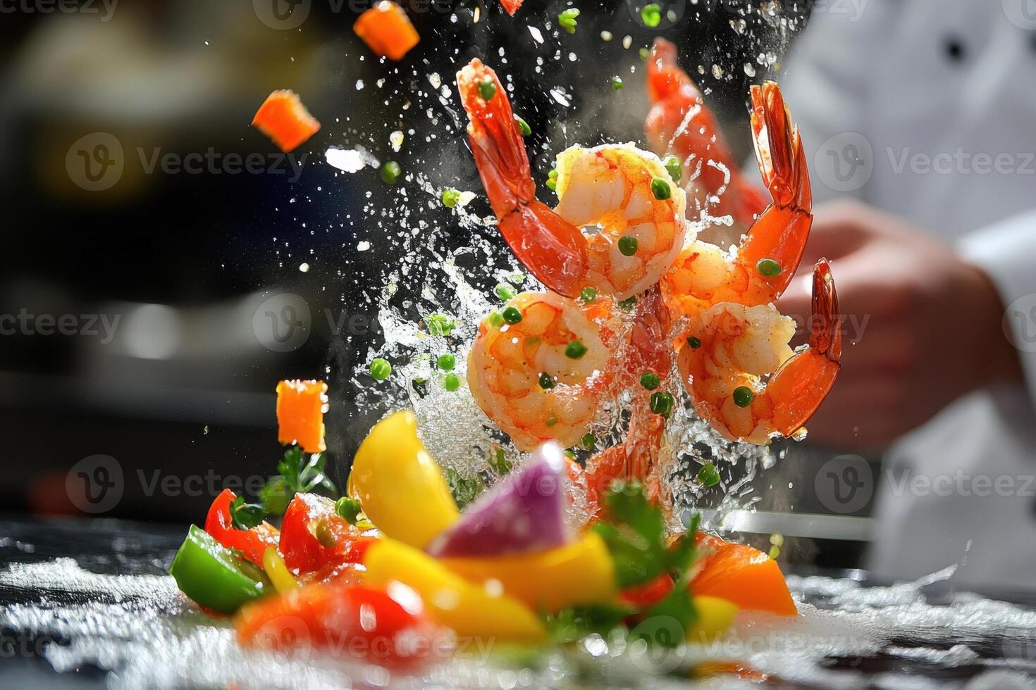A Colorful Symphony of Seafood and Vegetables Being Expertly Prepared in a Professional Kitchen Setting photo