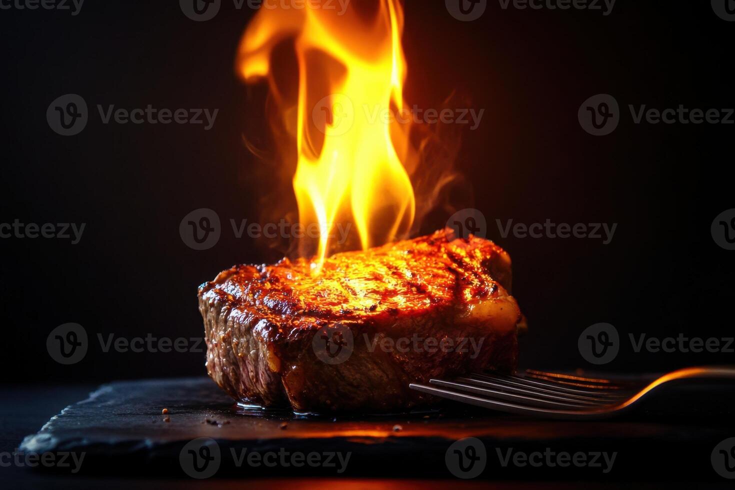 A Culinary Delight the Charred Elegance of Perfectly Cooked Steak on Black Stone Slab photo
