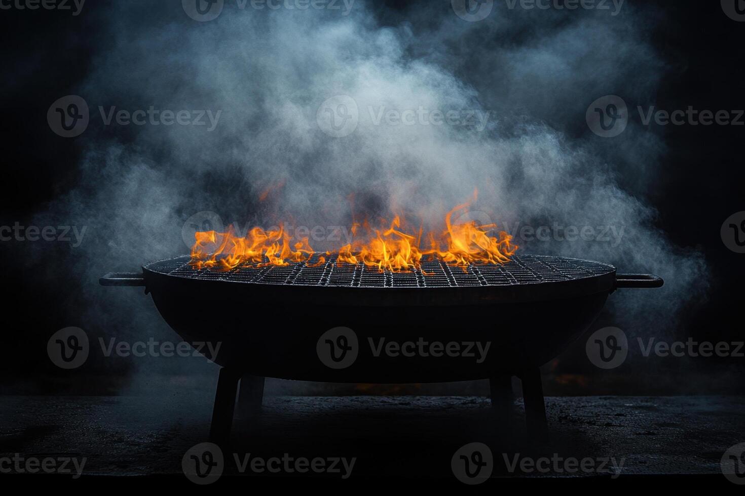 A Charcoal Grill Ignited Flames Smoke Rising Into the Darkness Summer Outdoor Barbecue photo