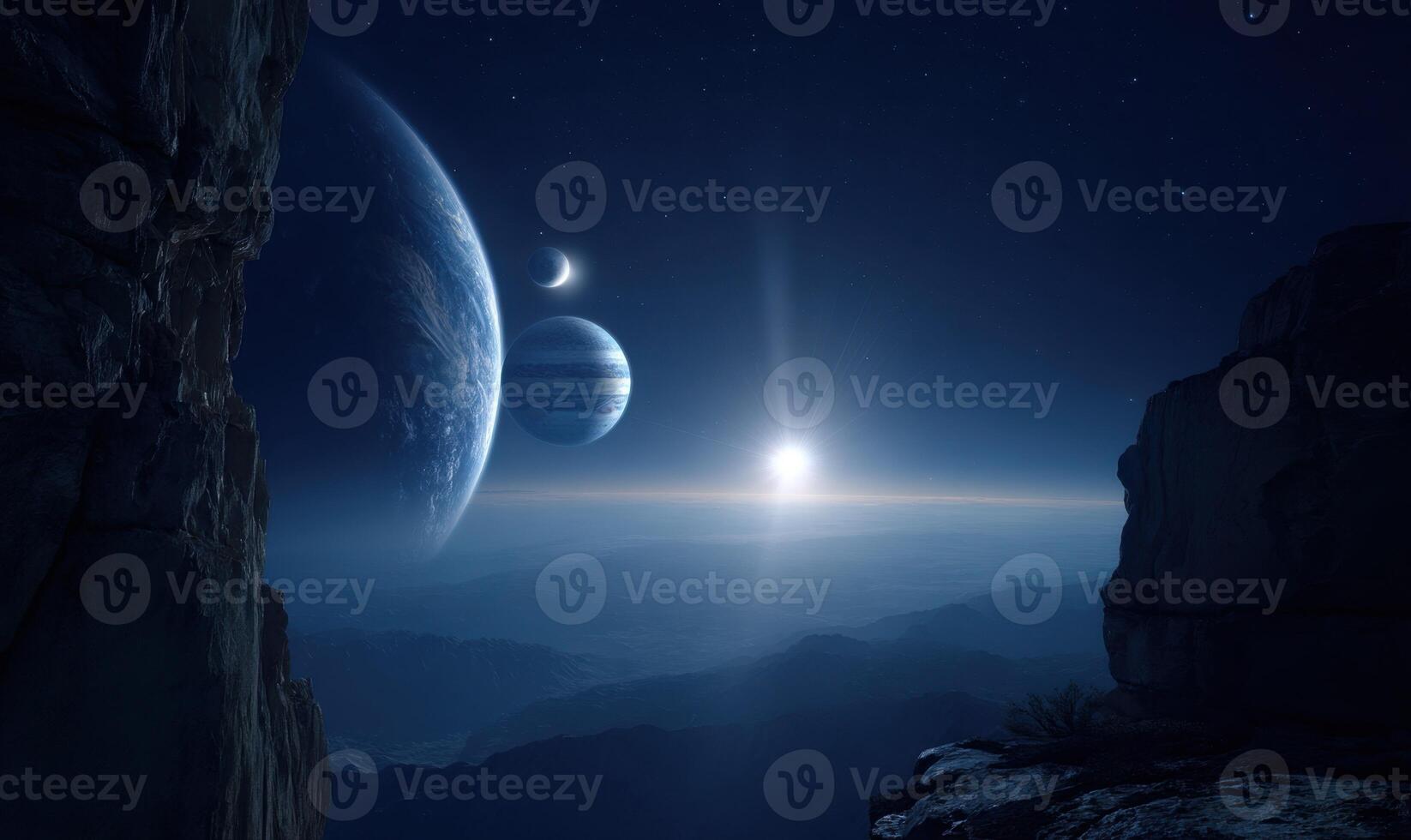 An alien planet and moon are seen in the distance photo
