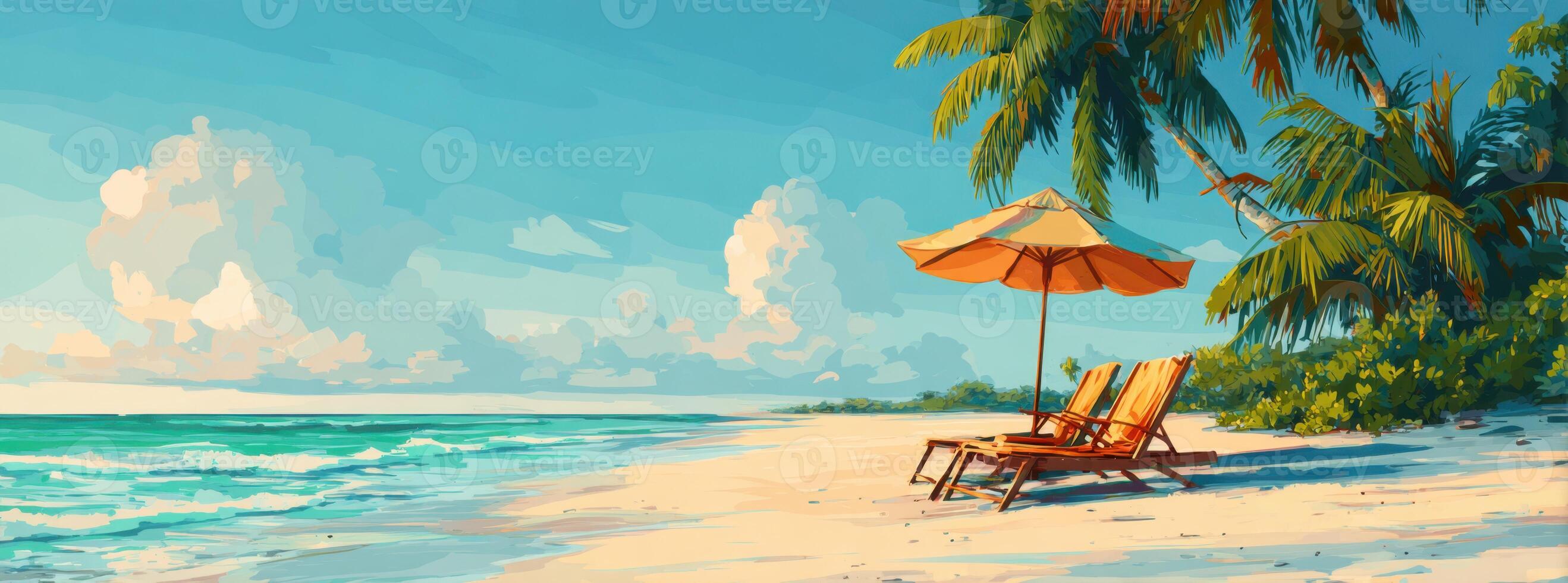 A painting of a beach with two chairs and an umbrella photo