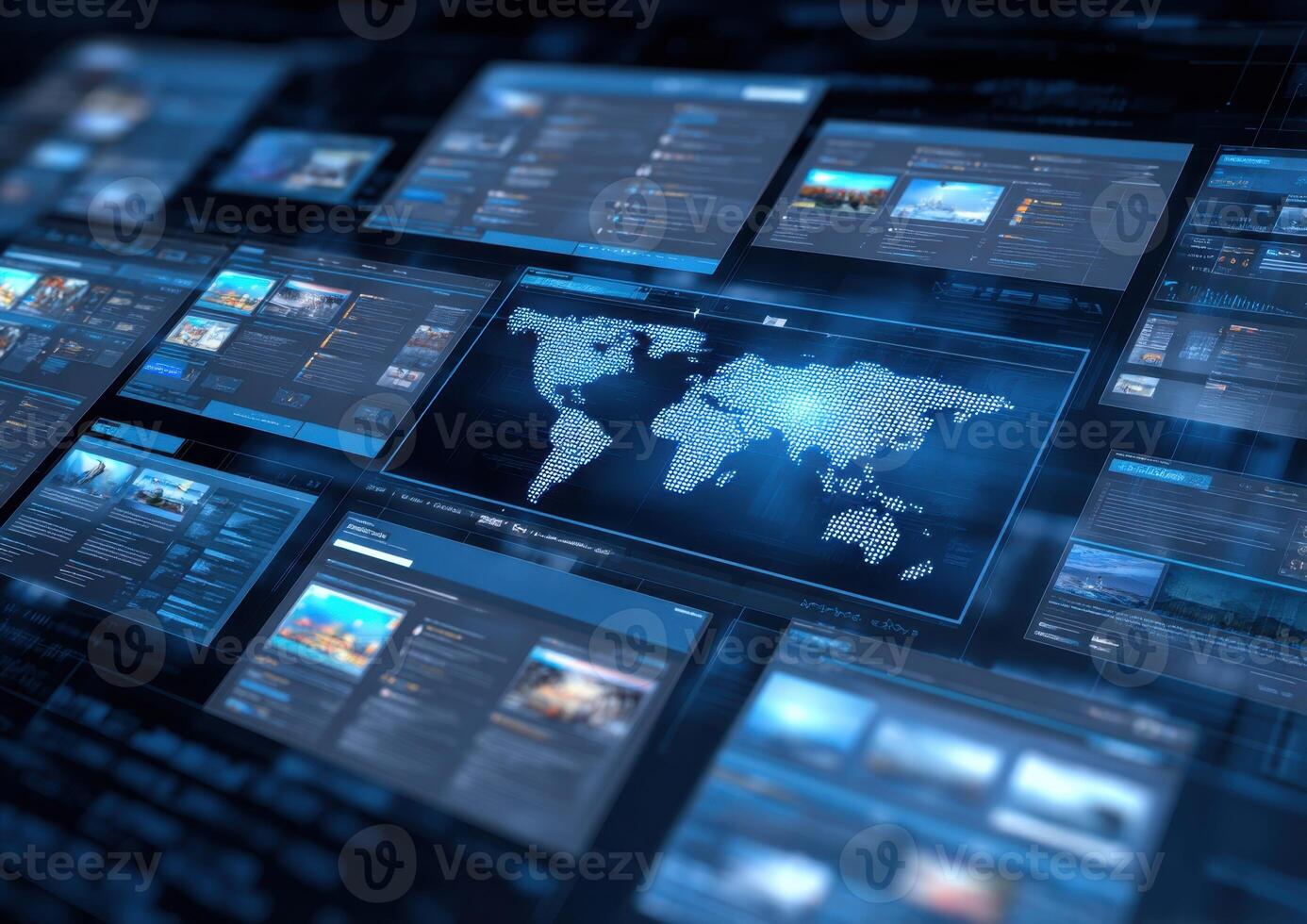 A large number of screens with various images on them photo