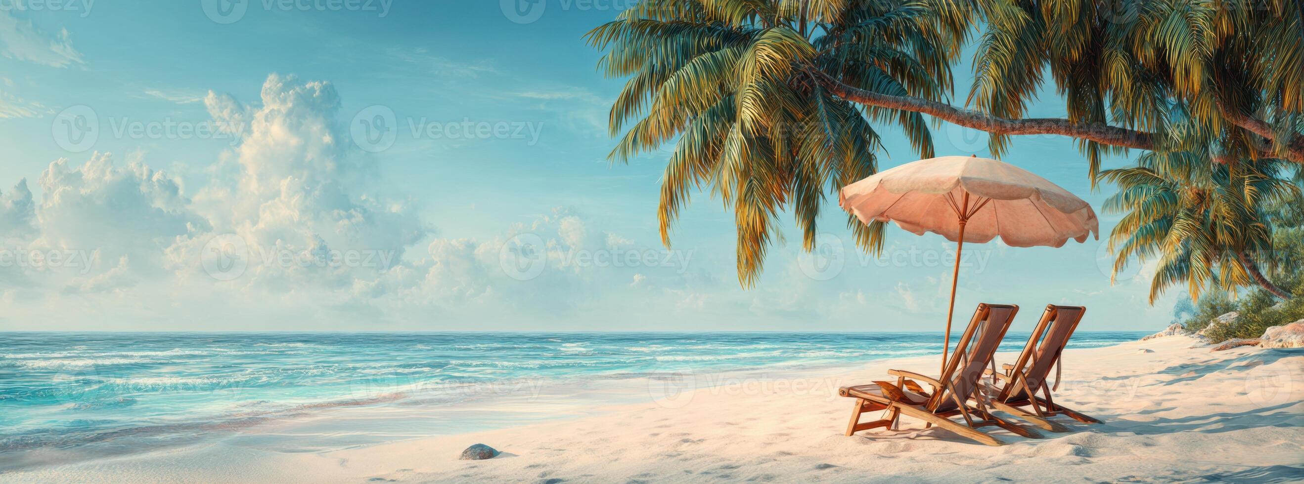 A beach with two chairs and an umbrella photo