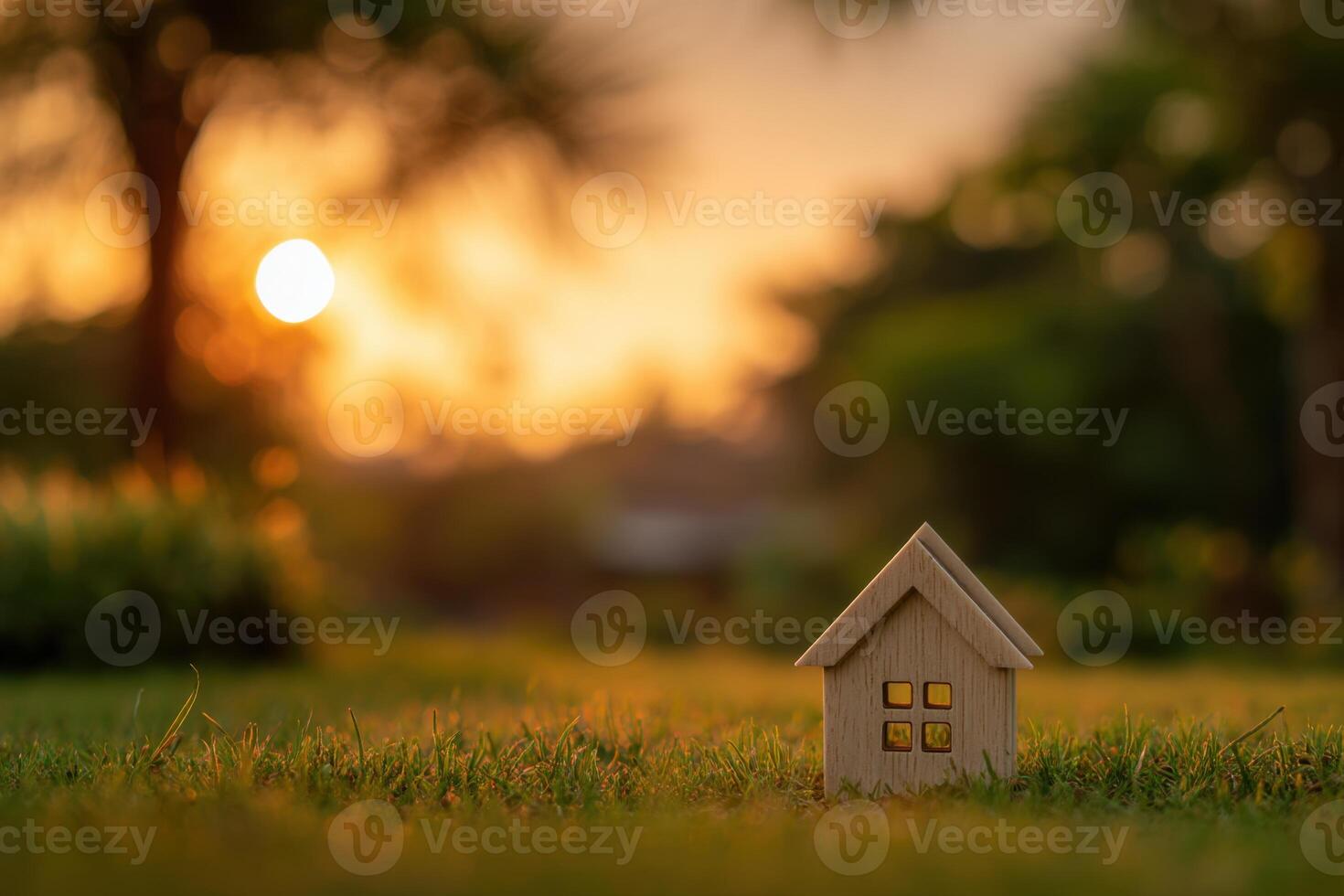 A small wooden house sits in the grass at sunset photo